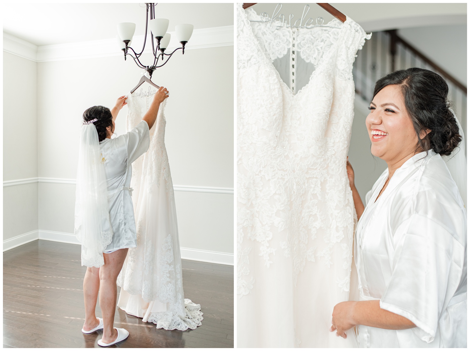 Bride looking at her dress wedding dress details