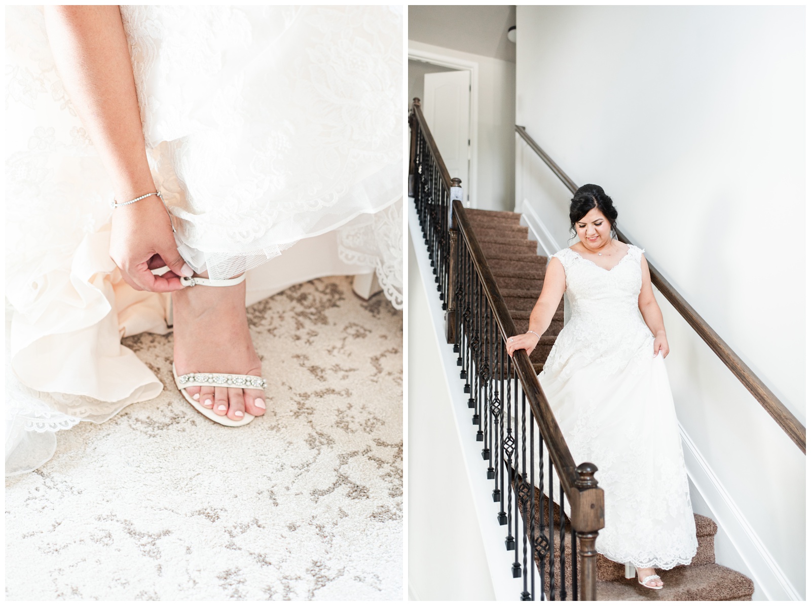 bride walking down the steps bride buckling her shoes