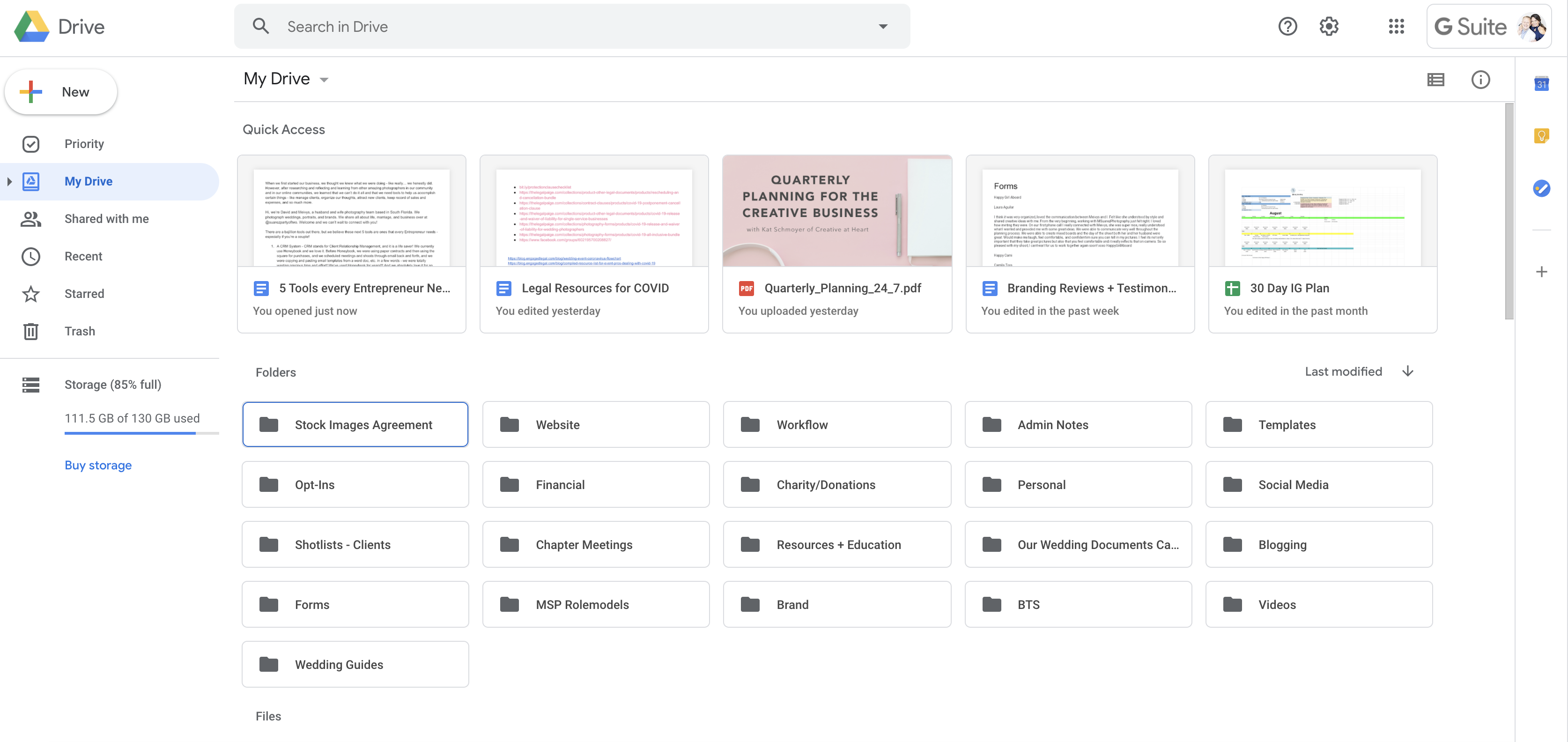 screen of Google Drive and folder. organization