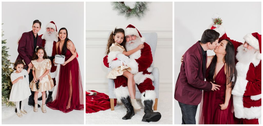 Family of 4 wearing red and gold for Christmas mini sessions with Santa in Coral Gables by Miami Lifestyle Photographers MSP