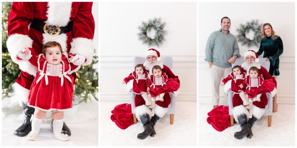 Twin baby girls dressed in red with Santa for Christmas Card photo ideas by Miami Lifestyle Photographers MSP Christmas Mini Sessions Miami