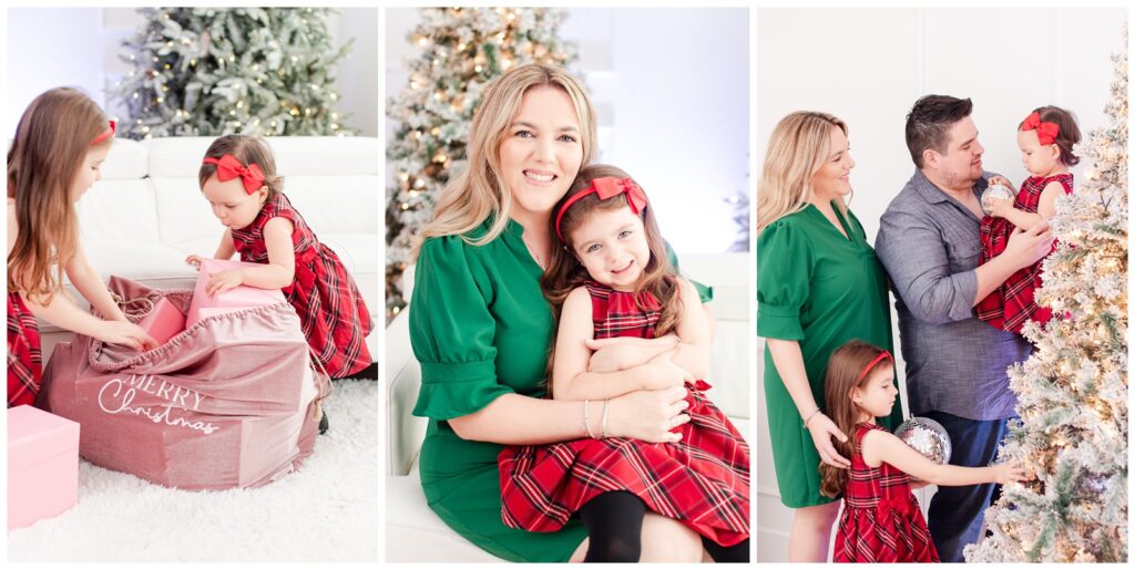 family of four wearing matching red and green christmas outfits tartan