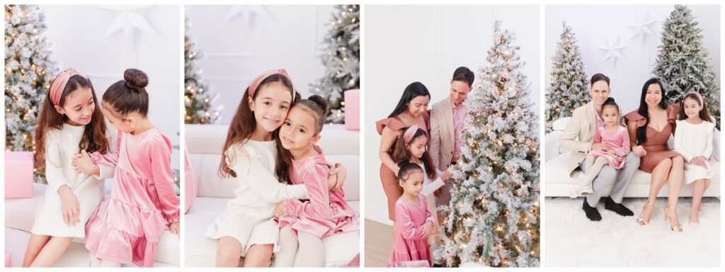 family of four young girls wearing pink and tan christmas dresses