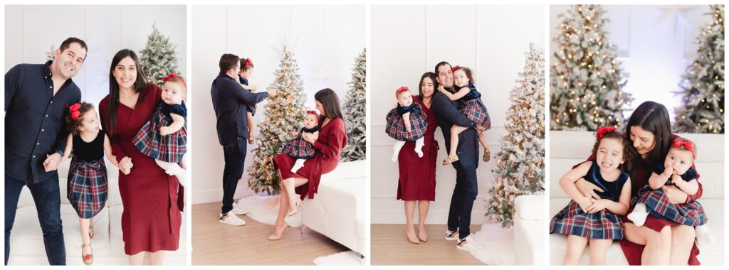 family of four wearing navy christmas tartan by the christmas tree