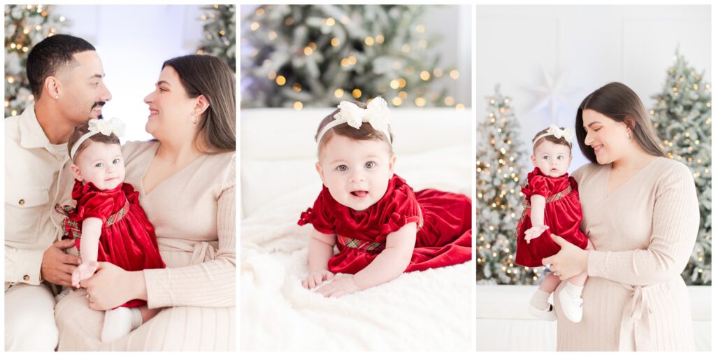 family of three christmas photoshoot 2 month old baby wearing tartan christmas dress