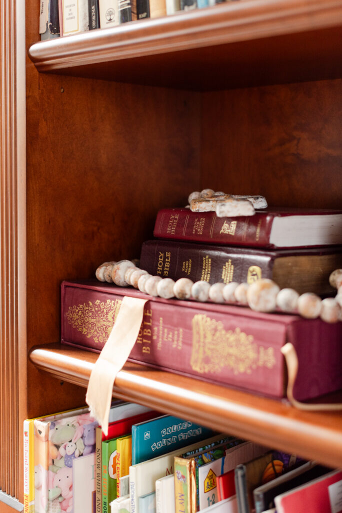 The bible in a traditional bookshelf in a family home in South Florida